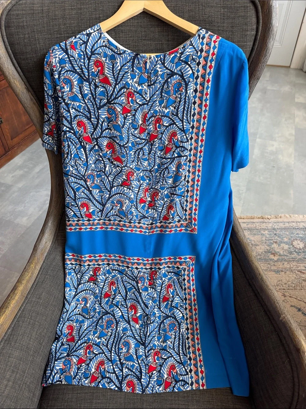 Tory Burch Blue Bird-Print Midi Dress with Red Accents